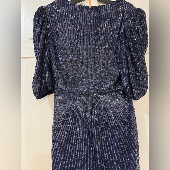 NWT|Mac Duggal Midnight Navy Sequined V-Neck Short Puff Sleeve Midi Dress Size 8 - Picture 9 of 9